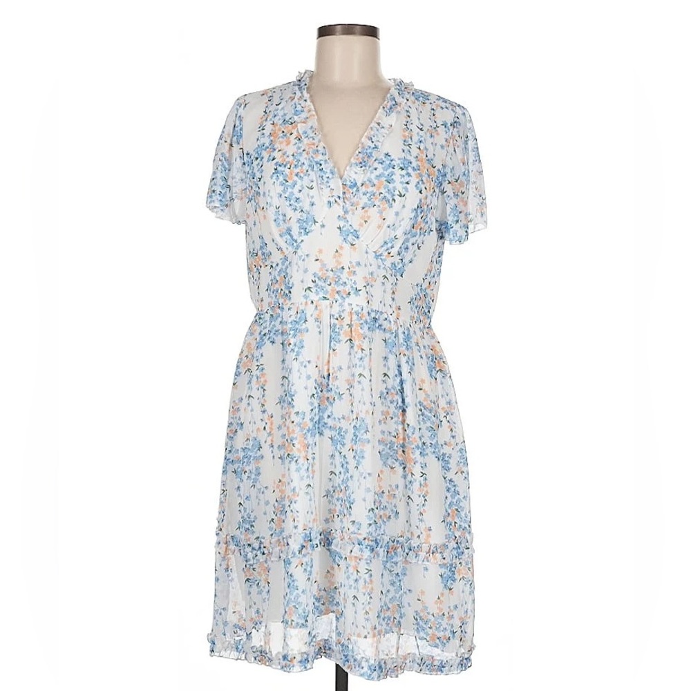 SHEIN Blue and White Mini Dress V-Neck Short Sleeve